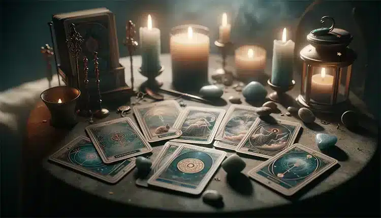 Tarotkort, stenar och ljus
